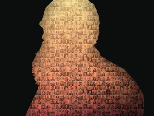 Silhouette of Charles Darwin's head filled with a mosaic of other scientists.